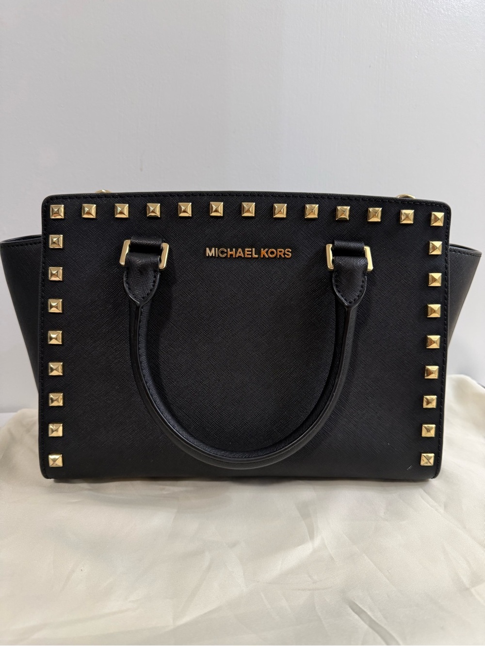 Michael Kors Black Studded Saffiano Leather Satchel medium